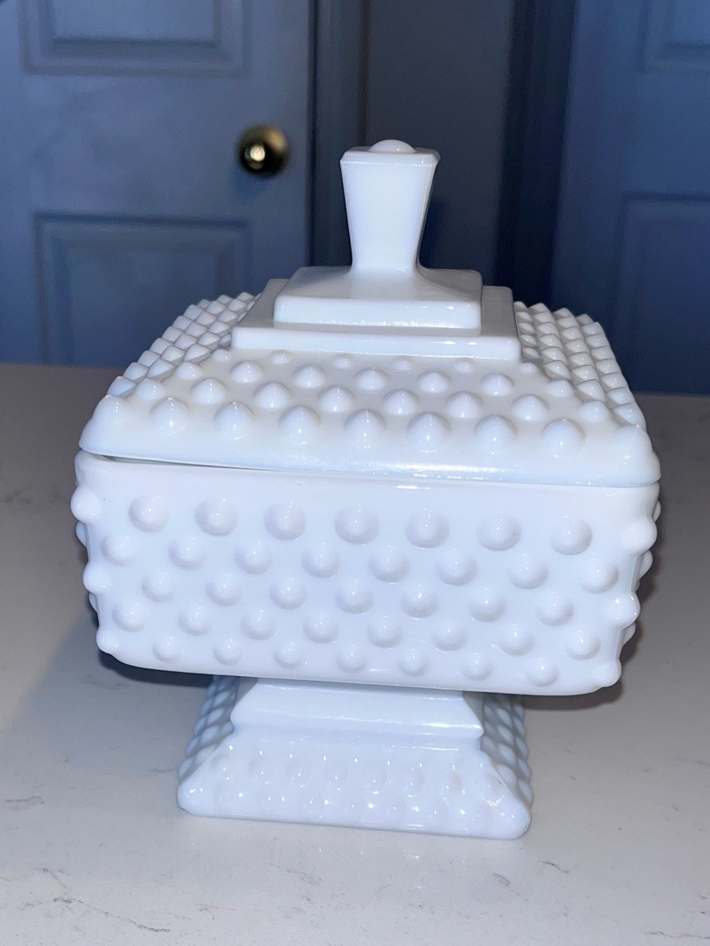 Vintage Fenton hobnail pedestal footed square candy dish wedding bowl milk glass